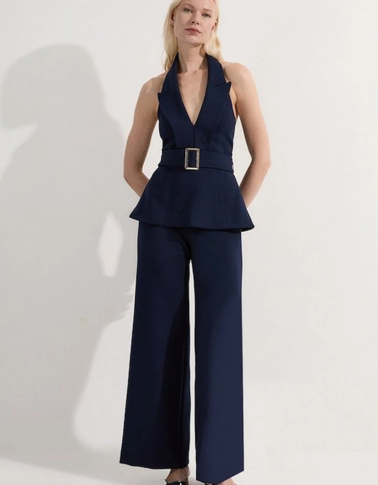 Compact Stretch Halterneck Tailored Wide Leg Jumpsuit