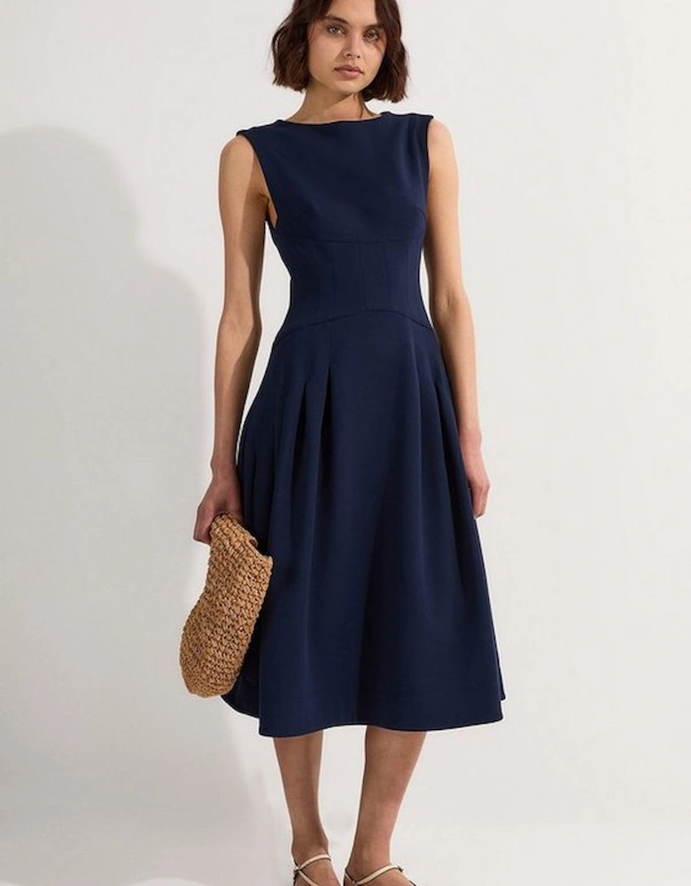 Compact Stretch Open Back Full Skirted Tailored Midi Dress