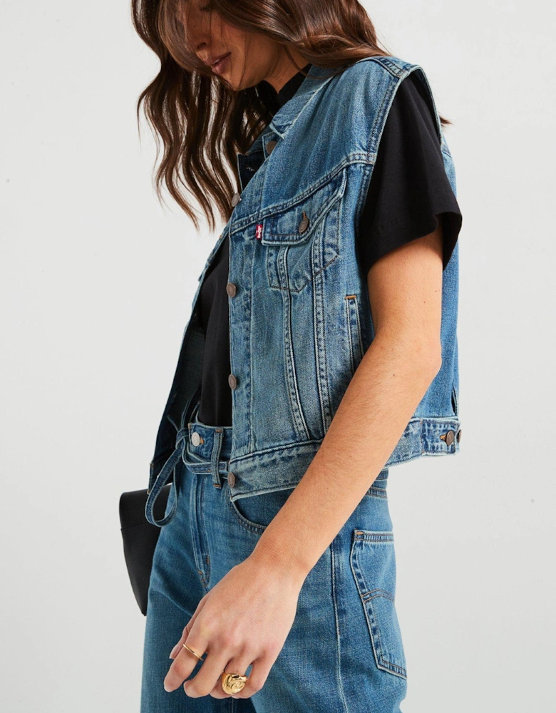 Shrunken 90s Linen+ Denim Vest - Blue