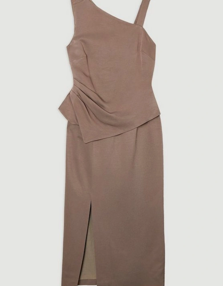 Premium Viscose Linen Asymmetric Neck Tailored Pencil Maxi Dress