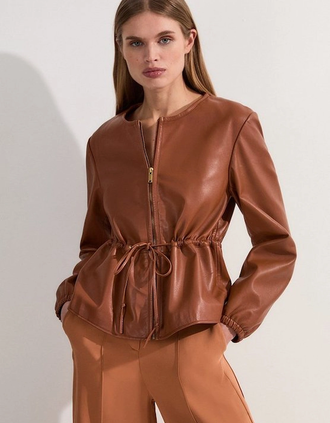 Leather Drawstring Tailored Collarless Jacket