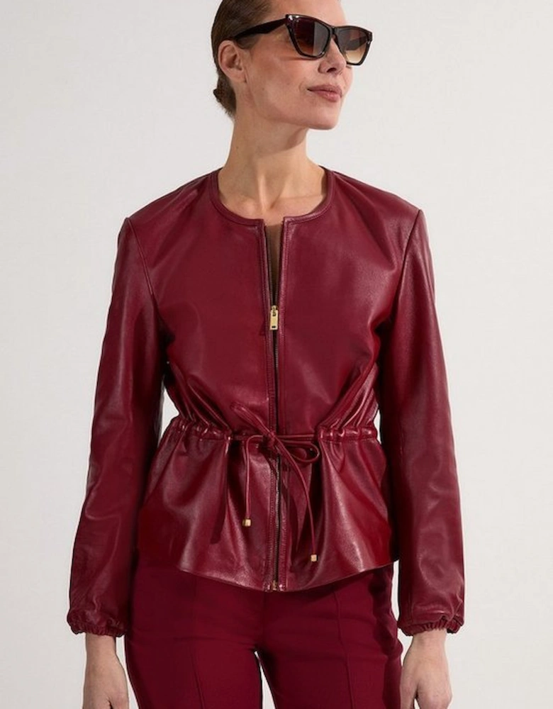 Leather Drawstring Tailored Collarless Jacket