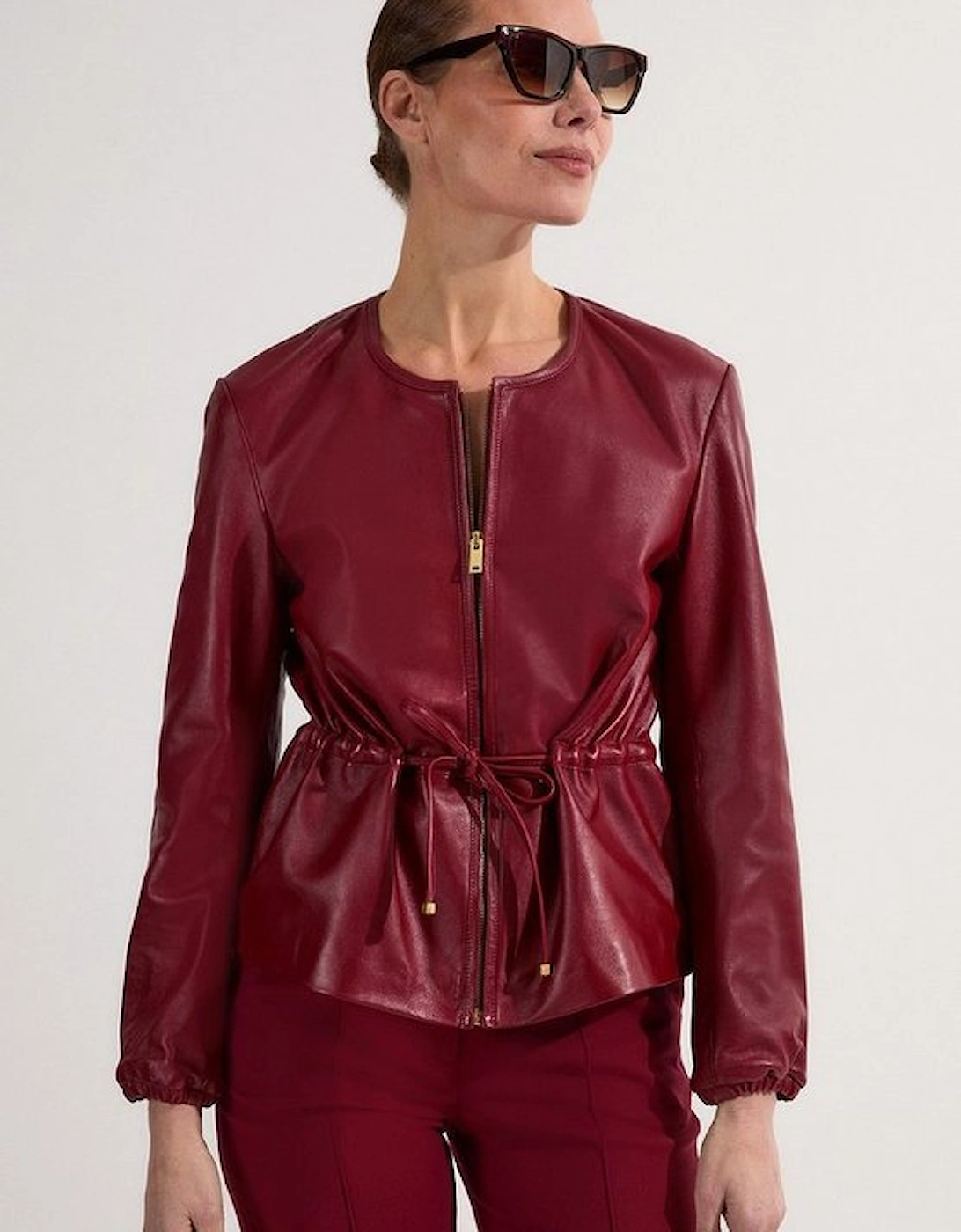 Leather Drawstring Tailored Collarless Jacket, 5 of 4