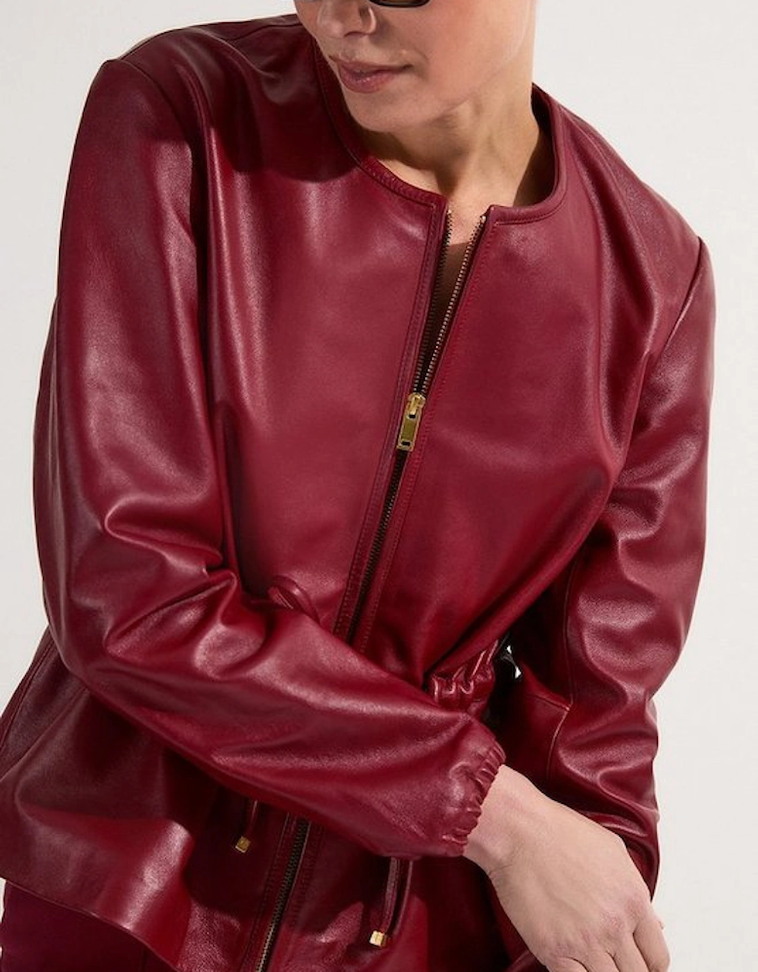 Leather Drawstring Tailored Collarless Jacket