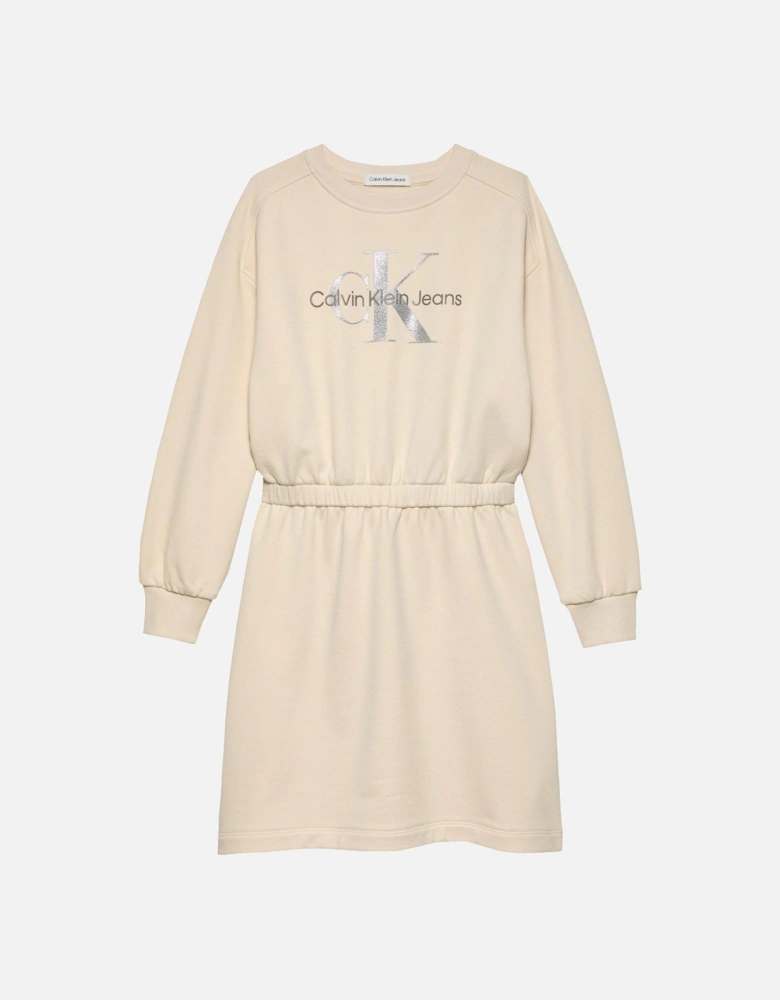 Girls Glitter Monologo Sweat Dress - Beige