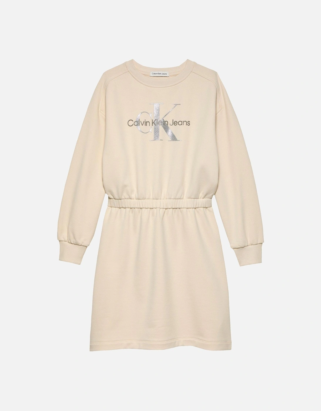 Girls Glitter Monologo Sweat Dress - Beige