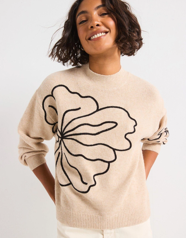 Long Sleeve Flower Knitted Jumper - Brown