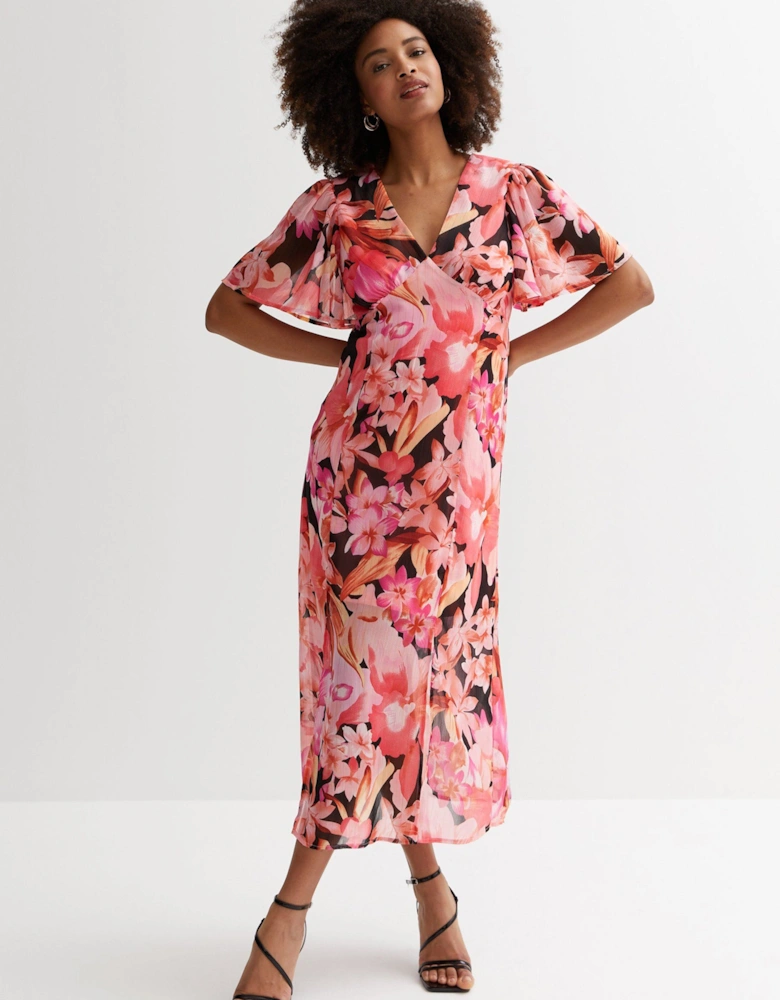 Multi Floral Print Chiffon Occassion Midi Dress