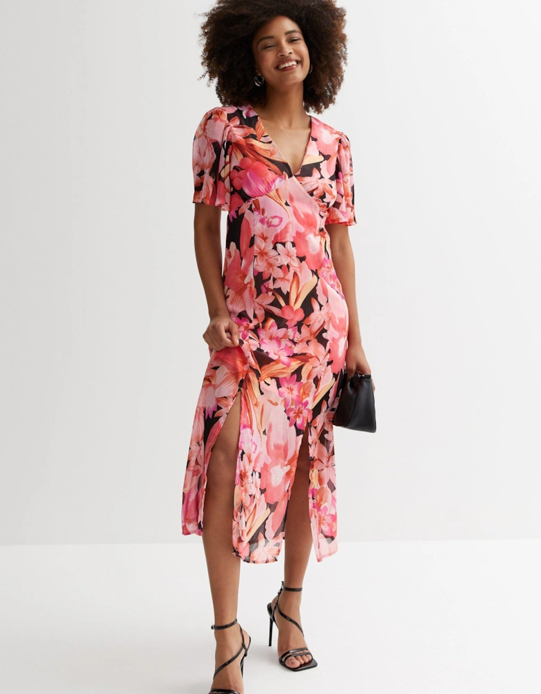 Multi Floral Print Chiffon Occassion Midi Dress