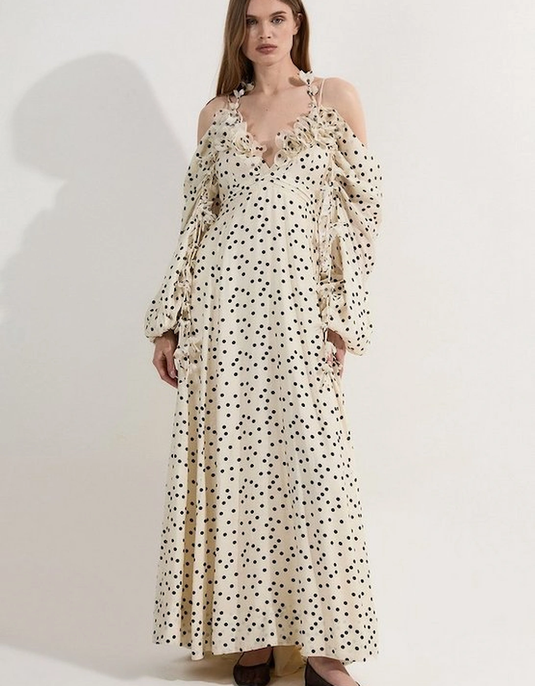 Applique Spot Printed Cold Shoulder Woven Maxi Dress