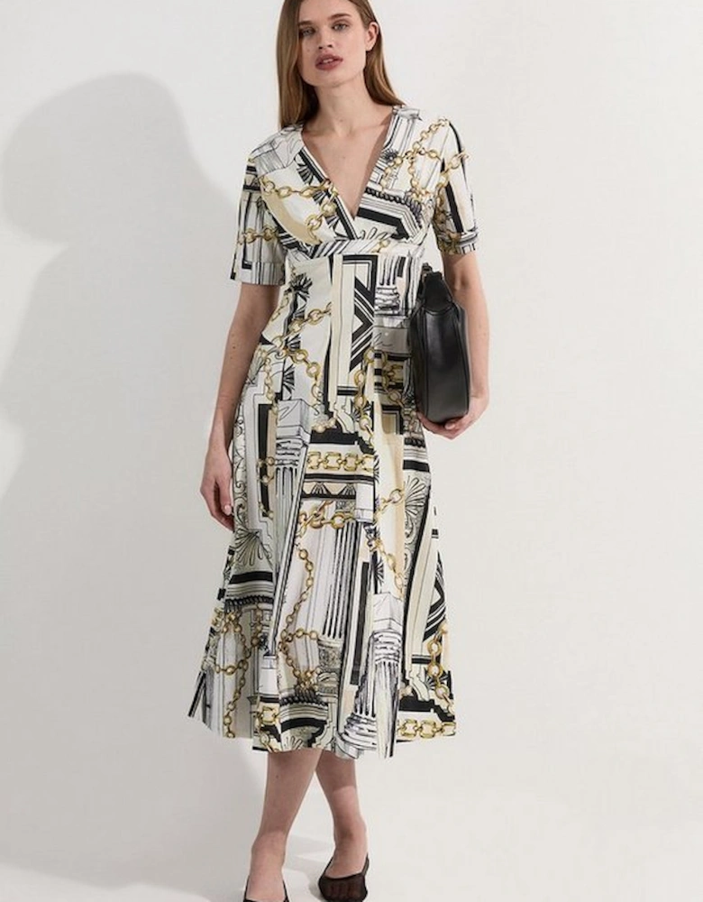 Roma Print Cotton Sateen Full Skirt Woven Midi Dress