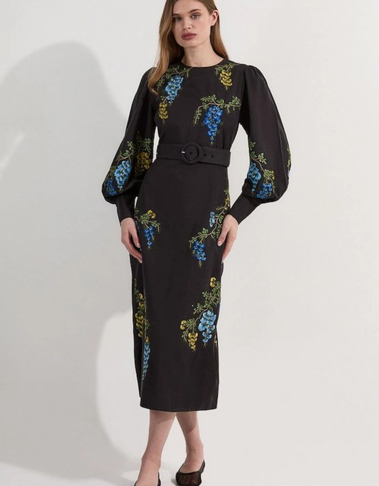 Floral Embroidered Cotton Linen Woven Midi Dress