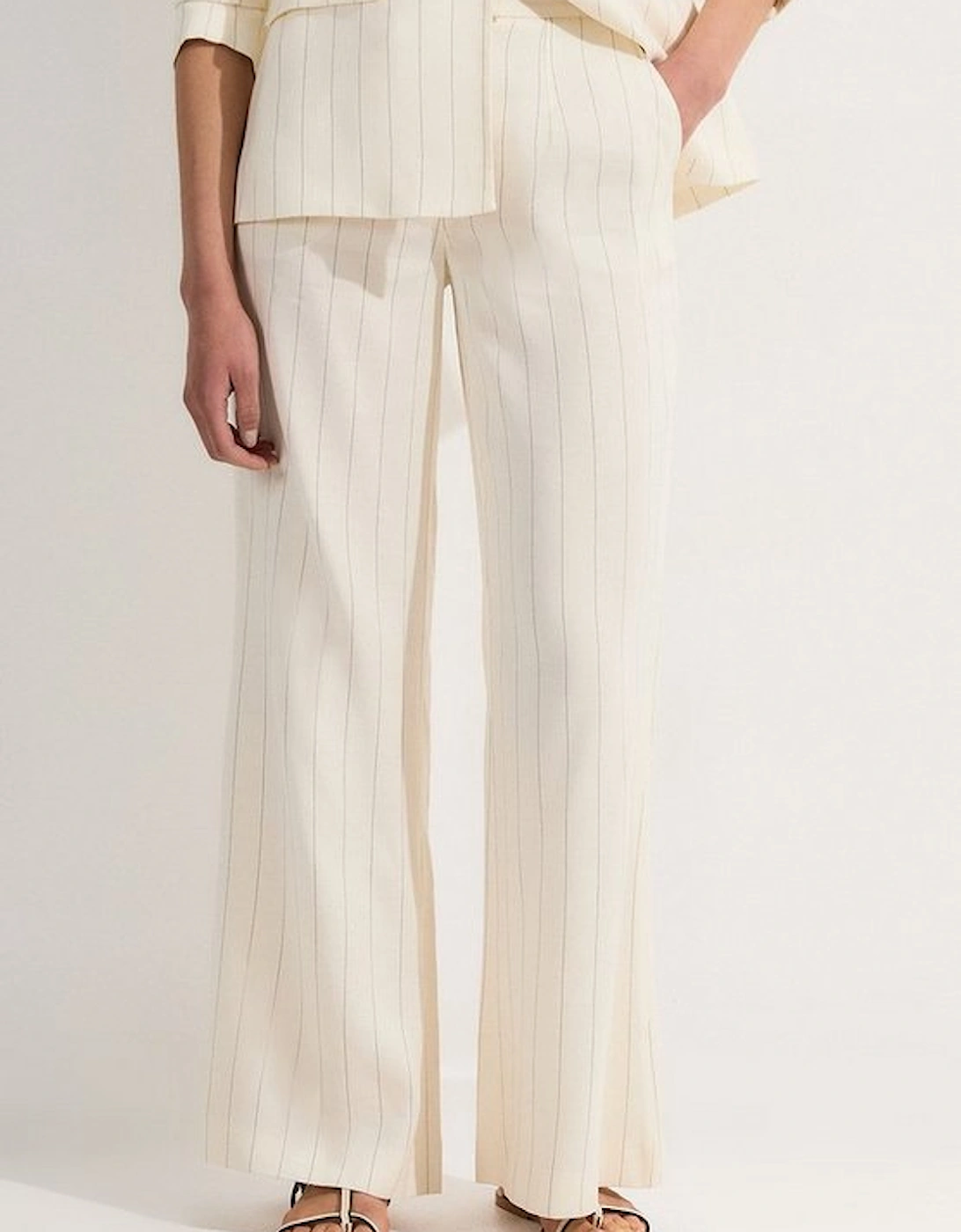 Petite Premium Linen Viscose Pinstripe Tailored Wide Leg Trouser