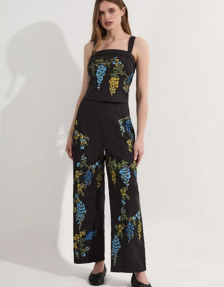 Floral Embroidered Cotton Linen Woven Wide Leg Trousers