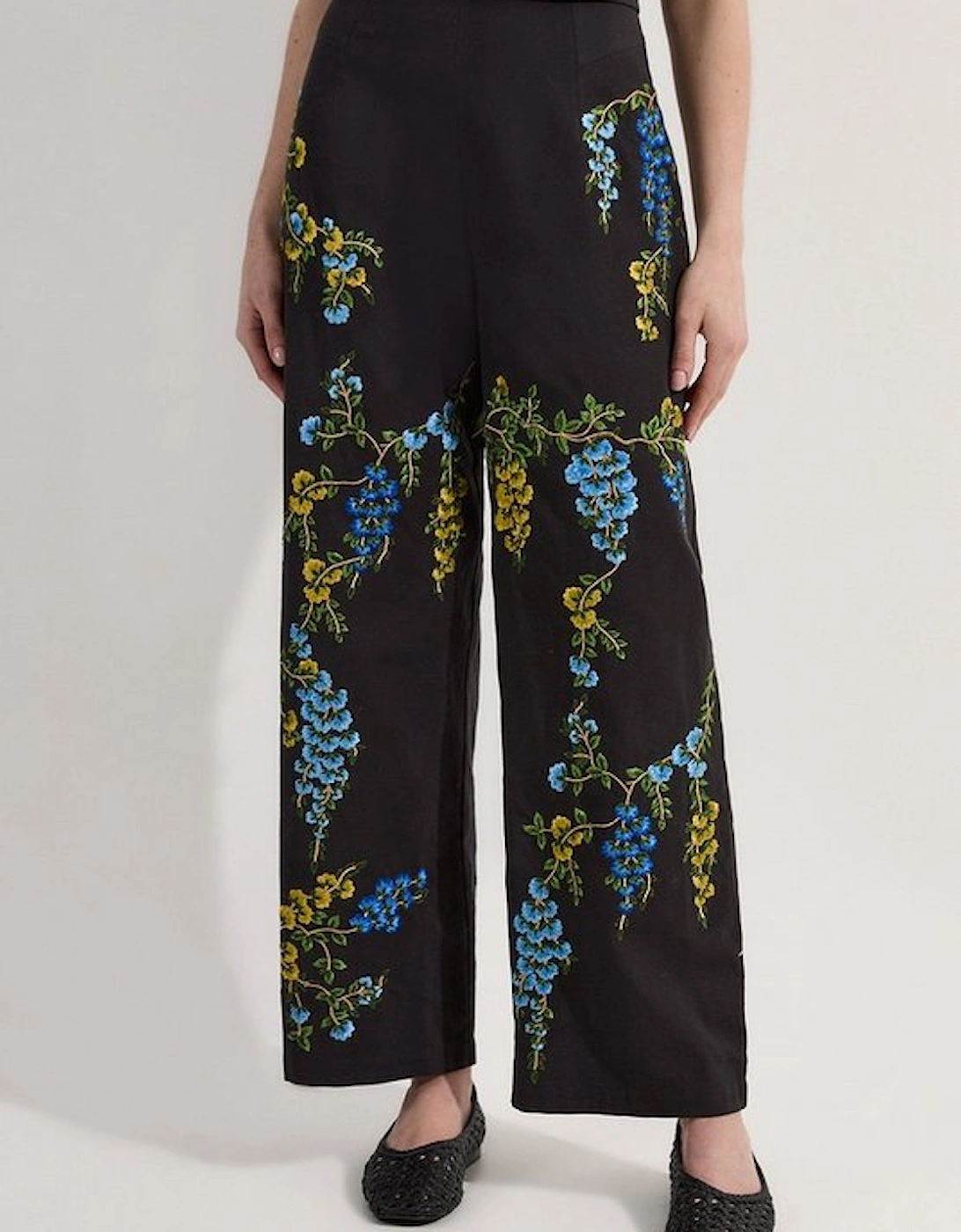 Floral Embroidered Cotton Linen Woven Wide Leg Trousers