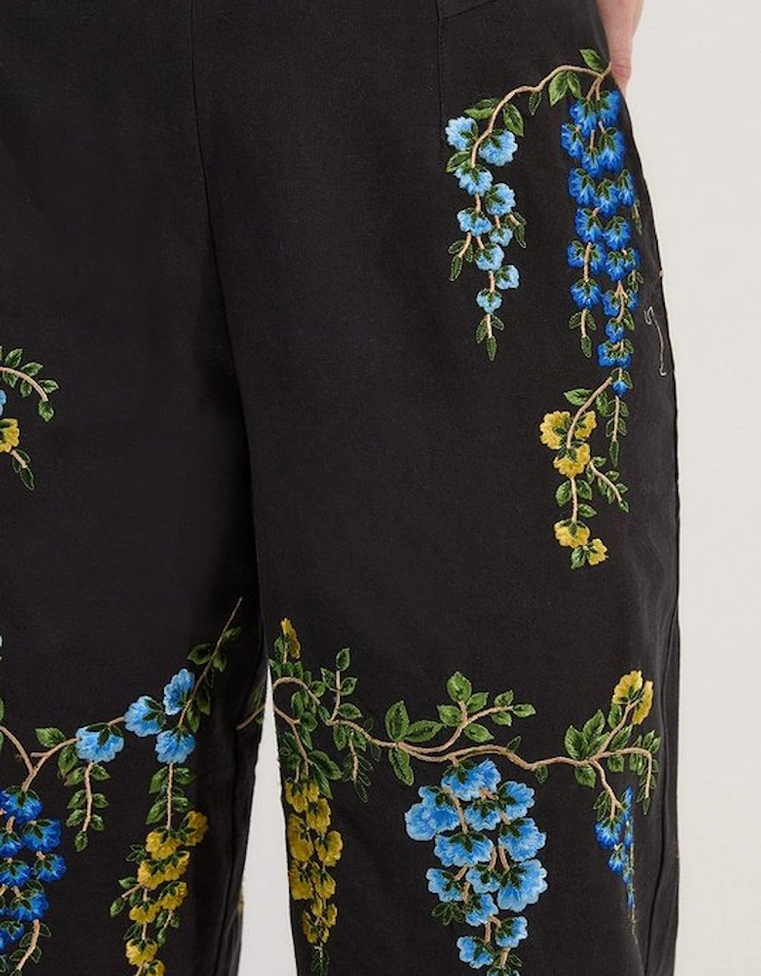 Floral Embroidered Cotton Linen Woven Wide Leg Trousers