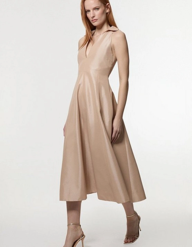 Petite Metallic Taffeta Tux Tailored Full Skirted Shirt Dress