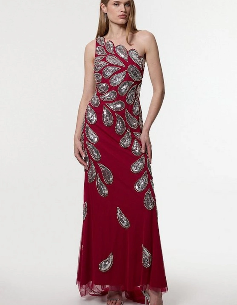 Paisley Embellished One Shoulder Maxi Dress