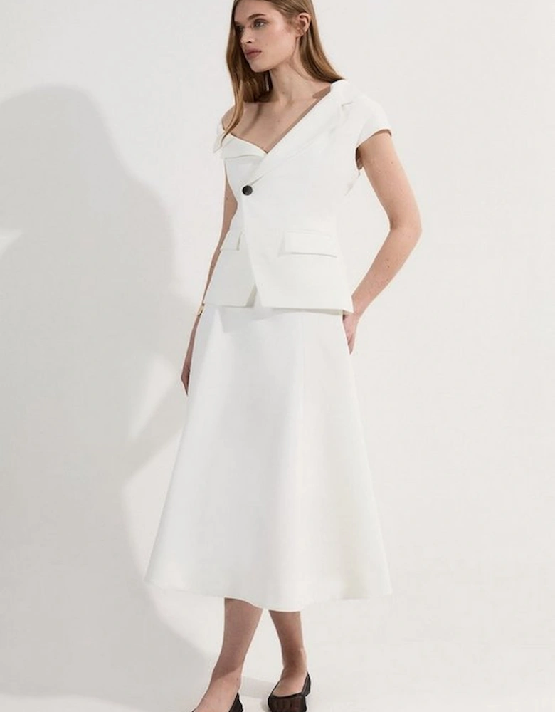 Clean Tailored Asymmetric Collar Belted Full Skirted Tailored Midi Dress