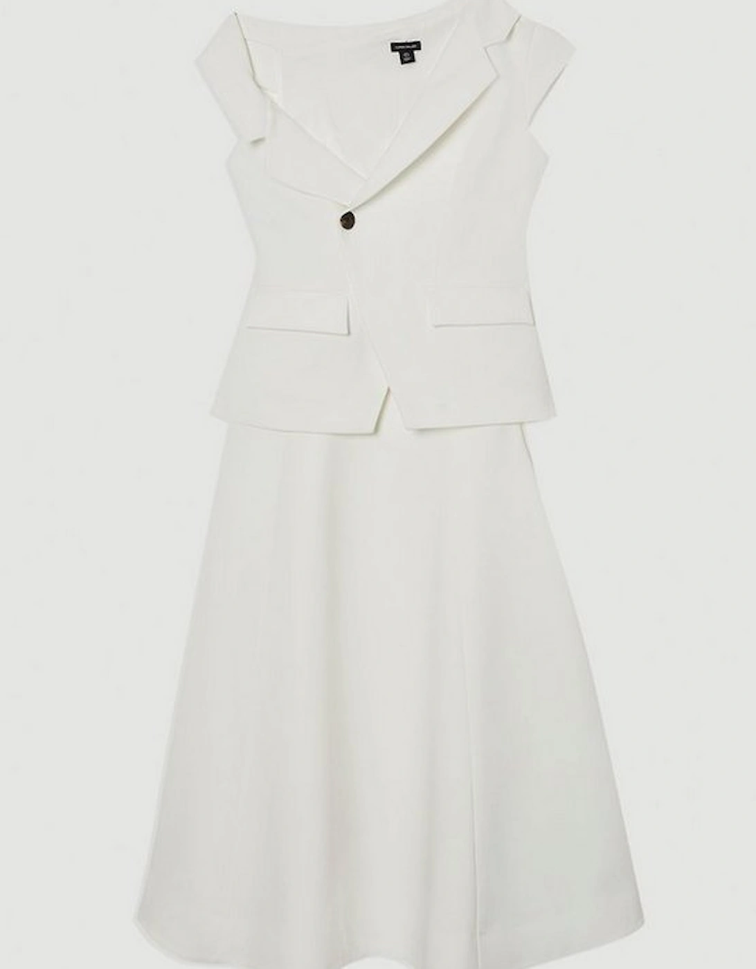 Clean Tailored Asymmetric Collar Belted Full Skirted Tailored Midi Dress