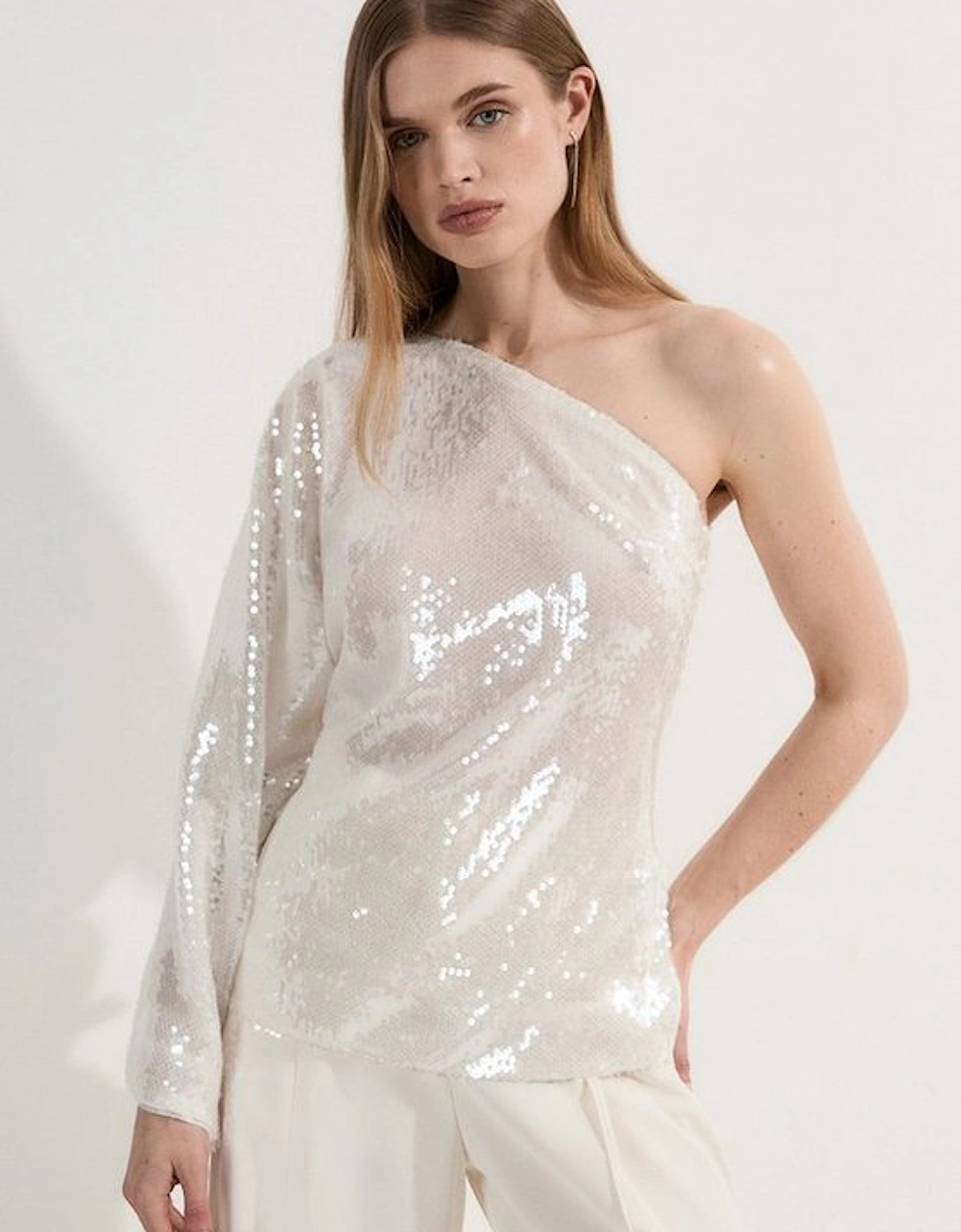 Liquid Shine One Shoulder Woven Sequin Blouse