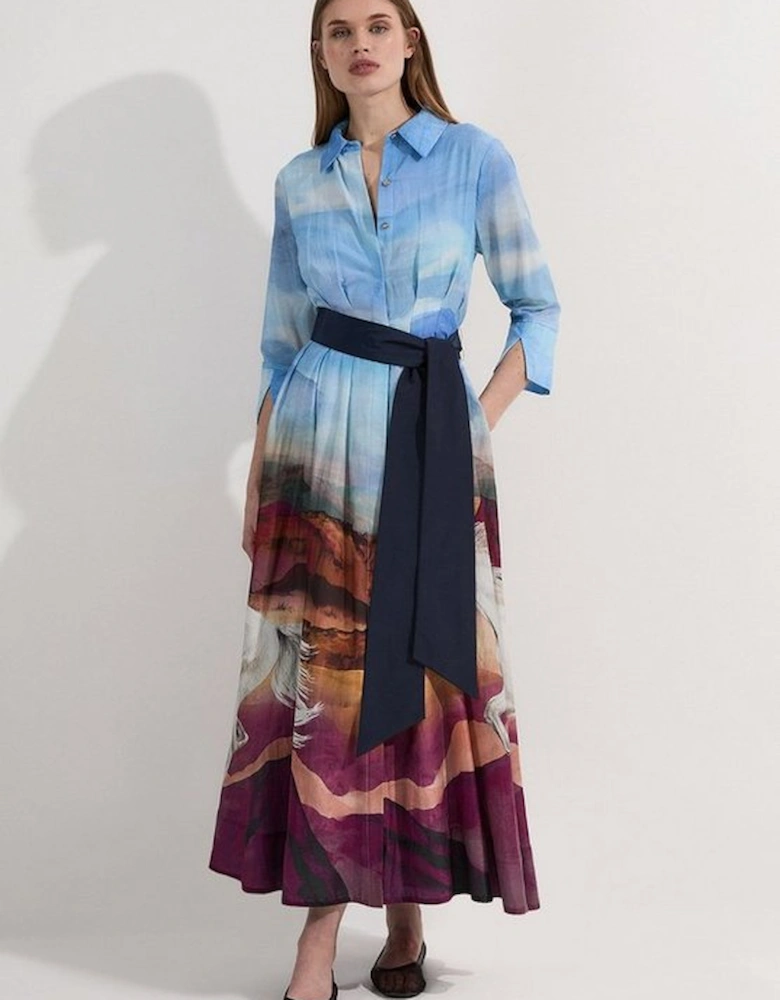 Silk Cotton Stallion Print Woven Belted Maxi Shirt Dress