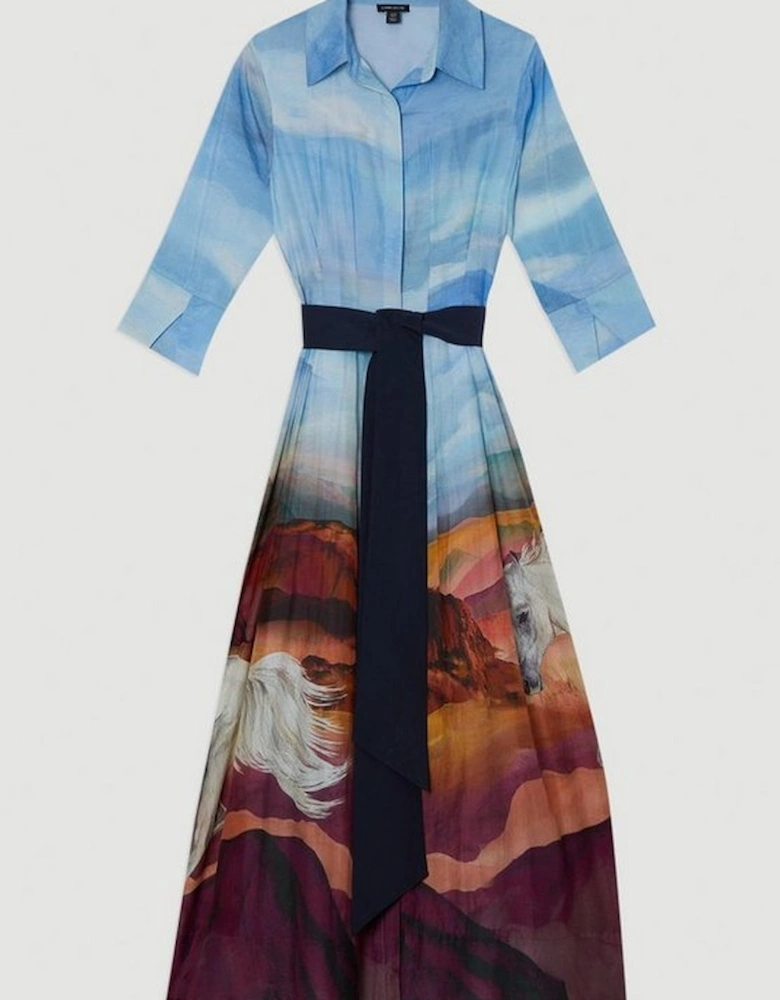 Silk Cotton Stallion Print Woven Belted Maxi Shirt Dress