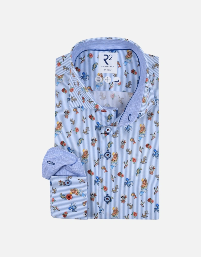 Long Sleeved Cut Away Collar Ocean Print Shirt Light Blue