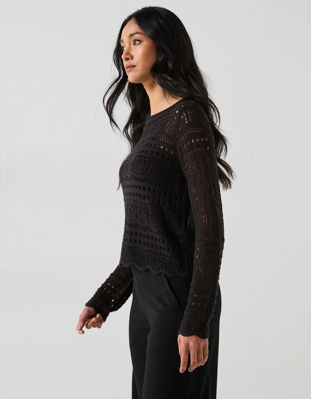 Long Sleeve Boatneck Knitted Pullover - Black