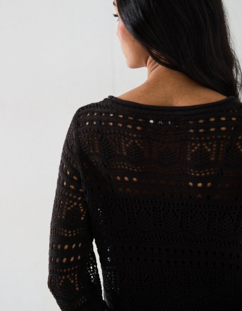 Long Sleeve Boatneck Knitted Pullover - Black