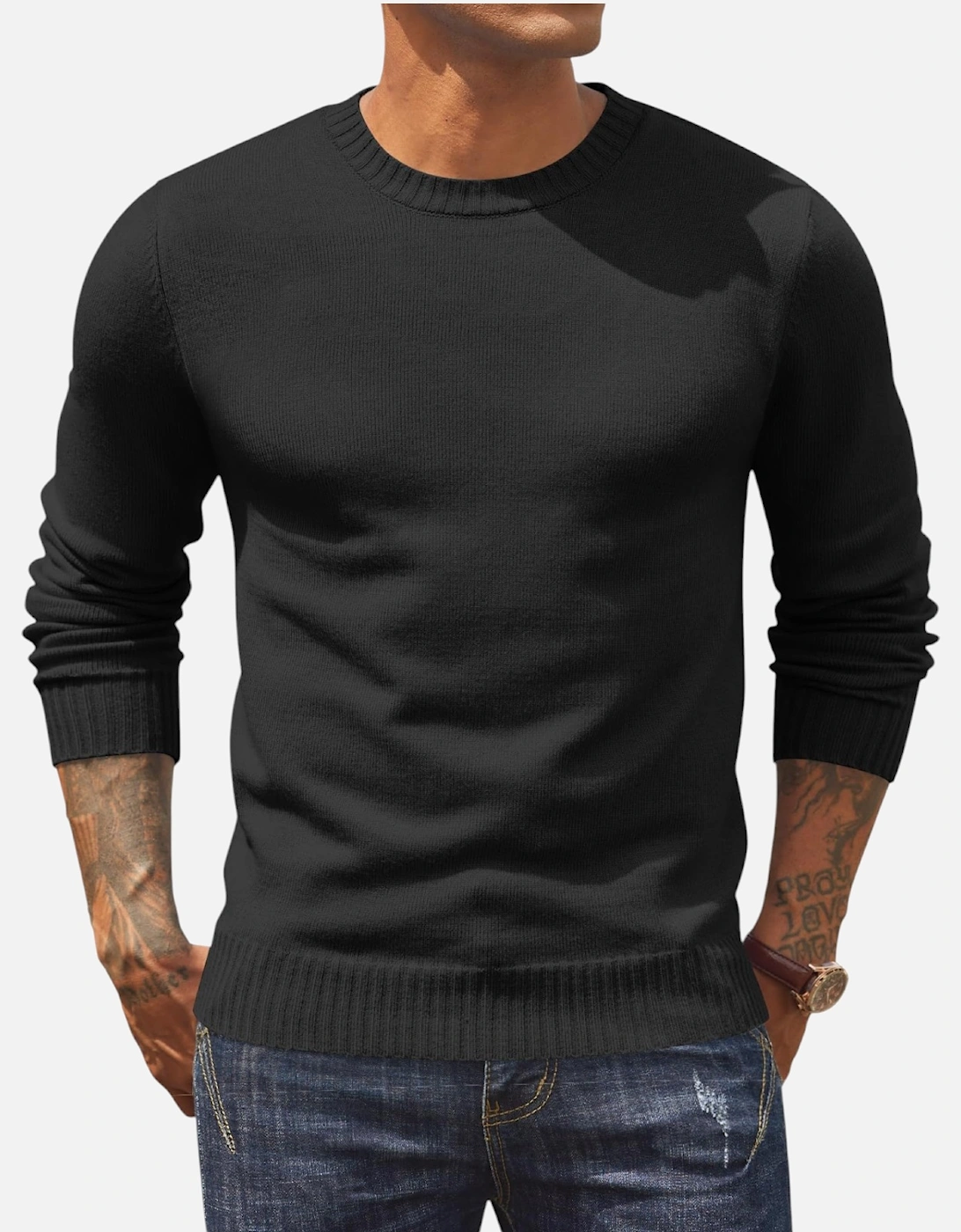 Mens Jumpers Crew Neck Ribbed Regular Fit Casual Pullover Winter Knit Sweater