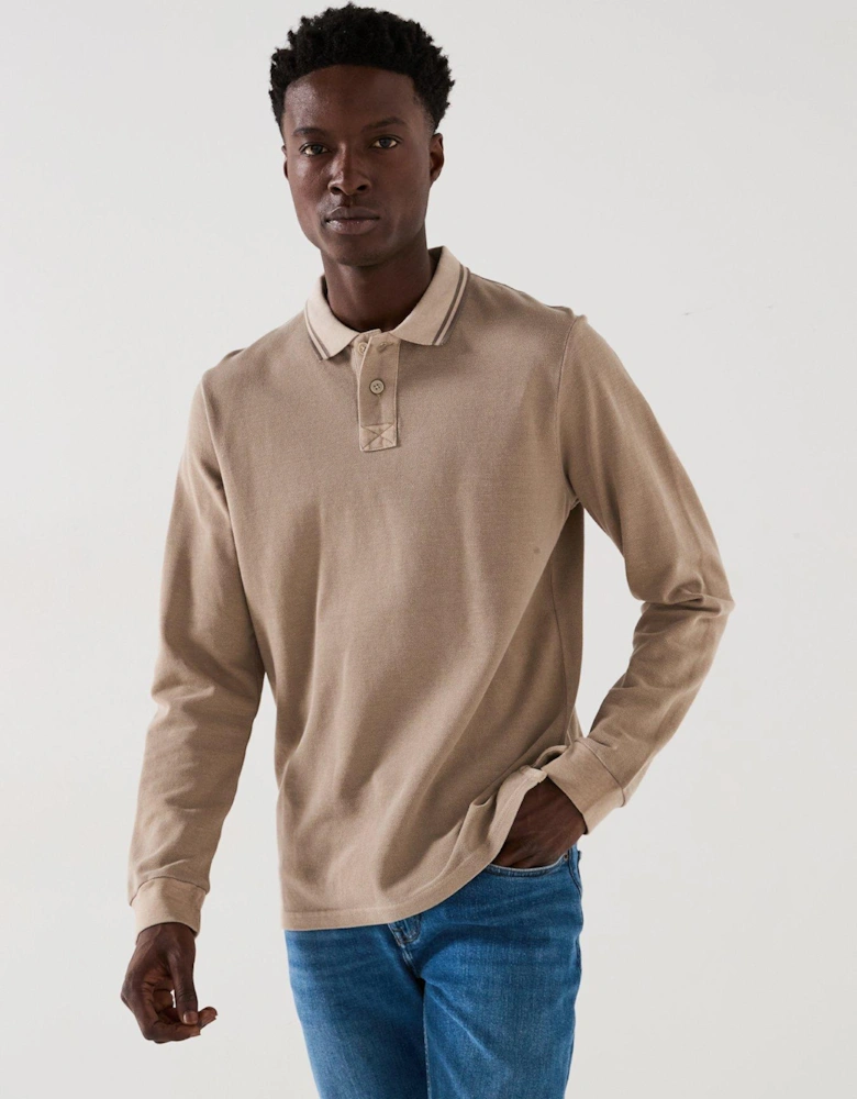 Garment Dyed Longsleeve Pique Polo - Stone