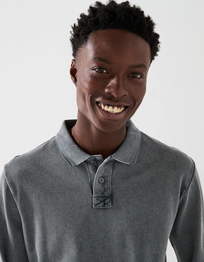 Garment Dyed Longsleeve Pique Polo - Dark Grey