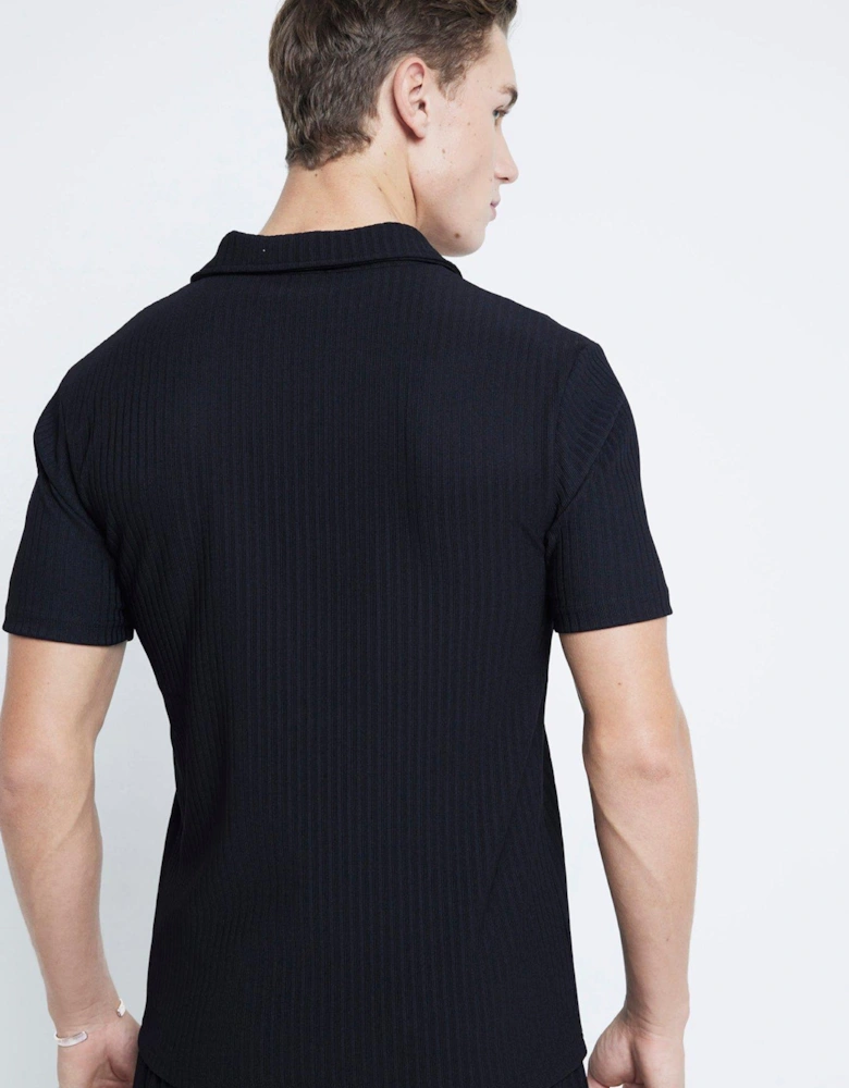 Muscle Fit Open Neck Rib Polo Shirt - Black