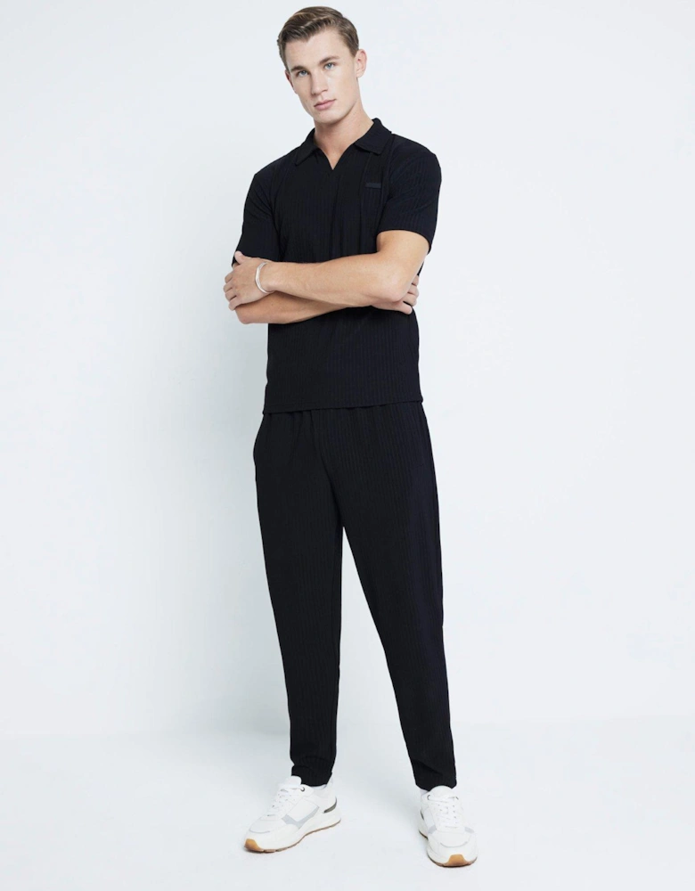 Muscle Fit Open Neck Rib Polo Shirt - Black