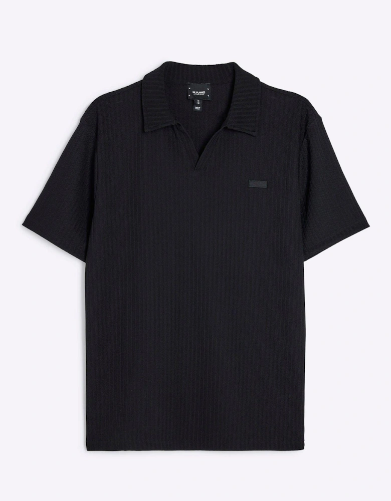 Muscle Fit Open Neck Rib Polo Shirt - Black