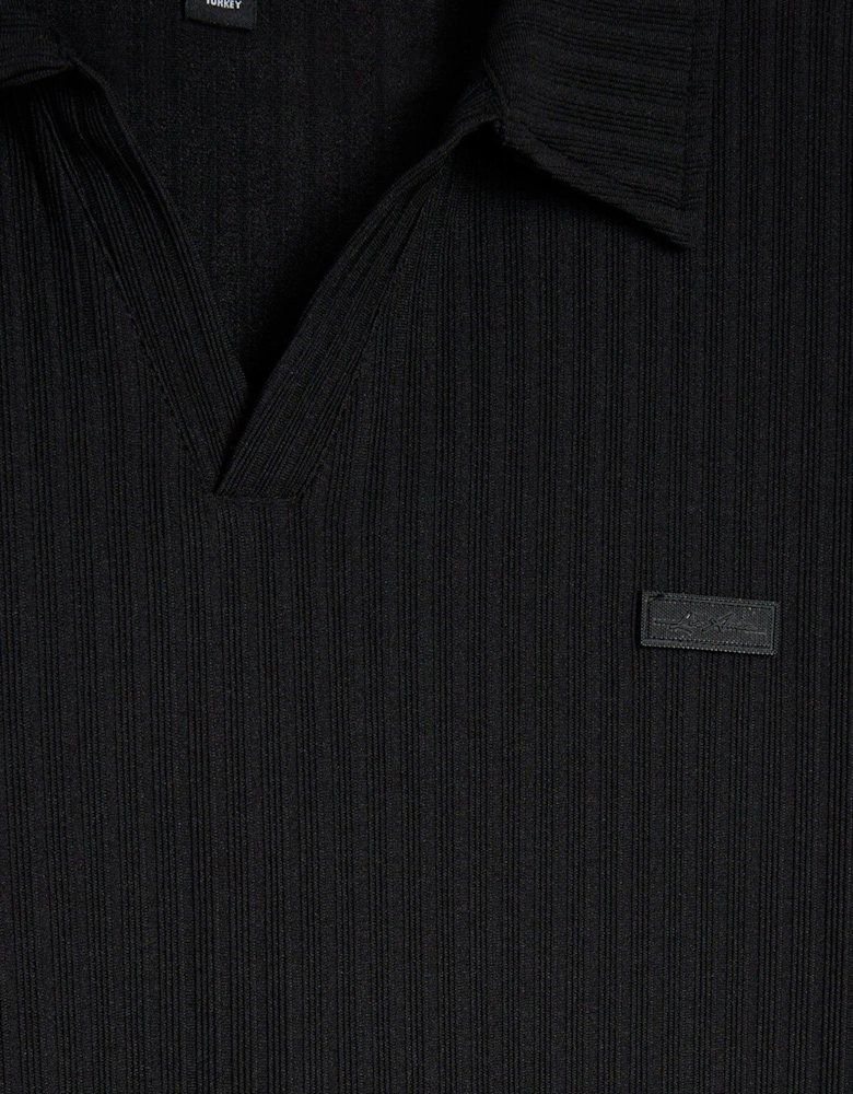 Muscle Fit Open Neck Rib Polo Shirt - Black