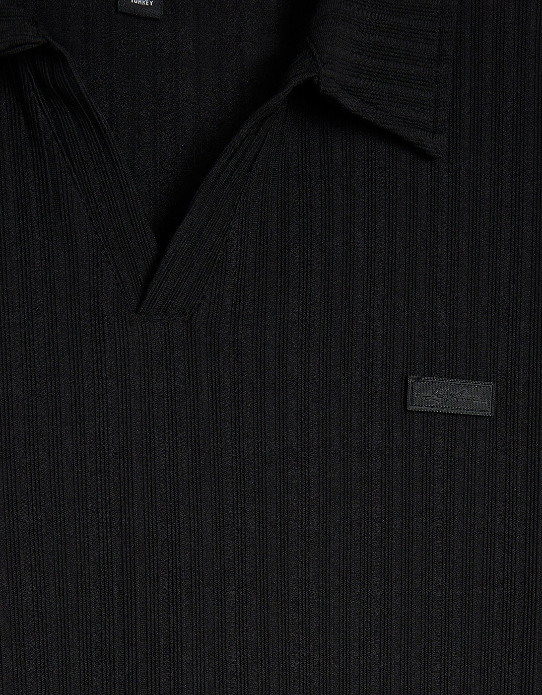 Muscle Fit Open Neck Rib Polo Shirt - Black