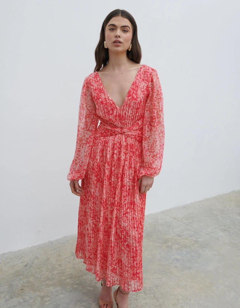 Jade Floral Pleated V Neck Midaxi Dress - Pink