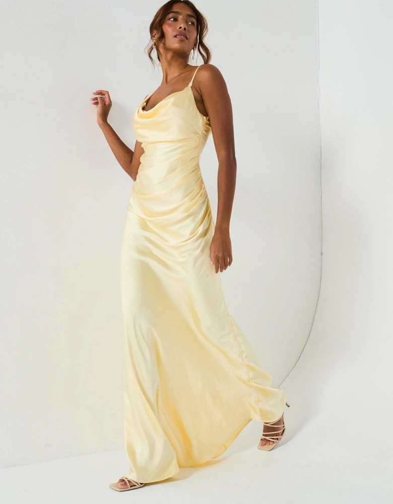 Cowl Front Asymmetrical Satin Bridesmaid Dress - Lemon