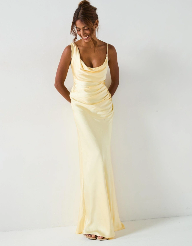 Cowl Front Asymmetrical Satin Bridesmaid Dress - Lemon