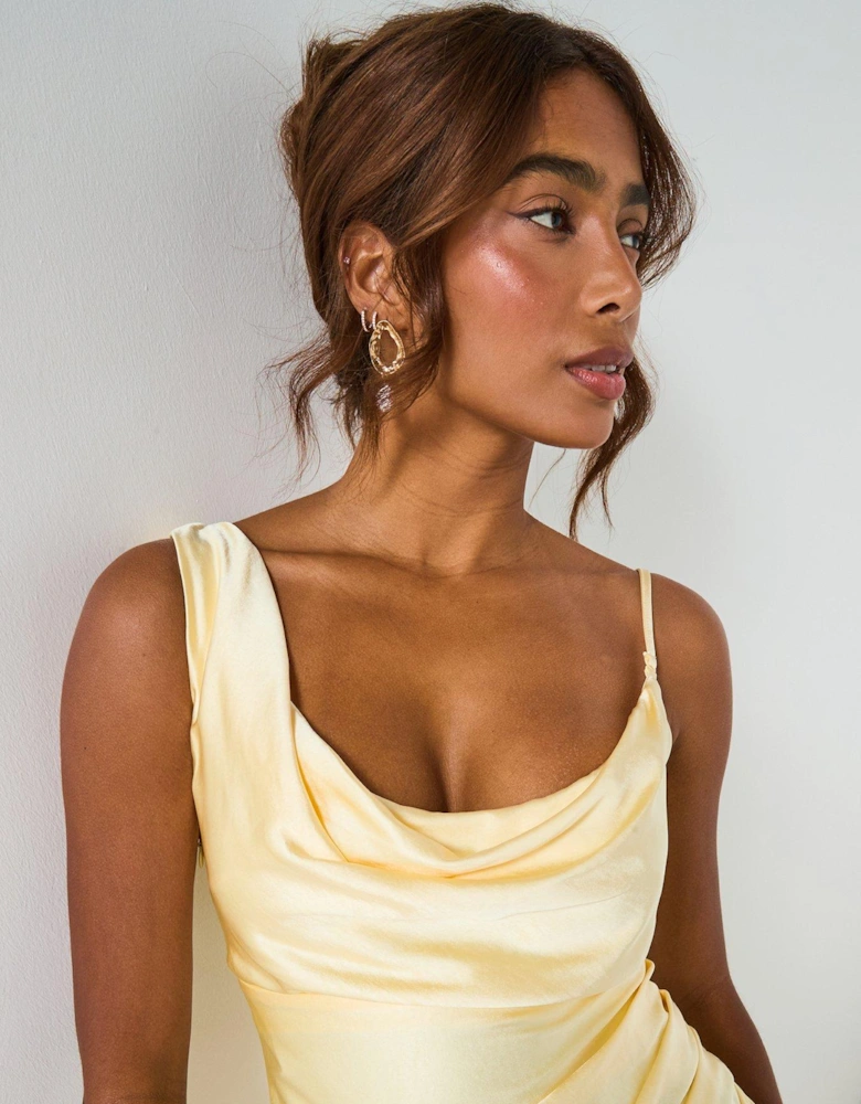 Cowl Front Asymmetrical Satin Bridesmaid Dress - Lemon