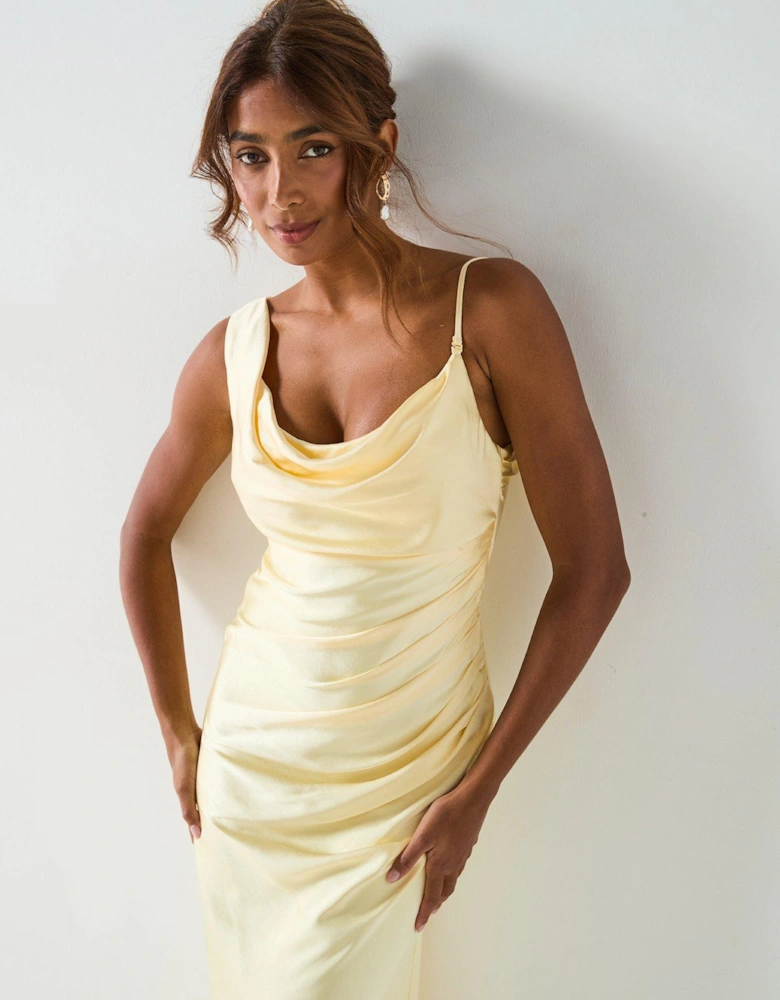 Cowl Front Asymmetrical Satin Bridesmaid Dress - Lemon