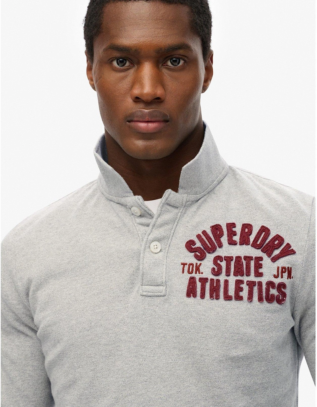 Long Sleeve Vintage Athletic Logo Polo Shirt - Light Grey