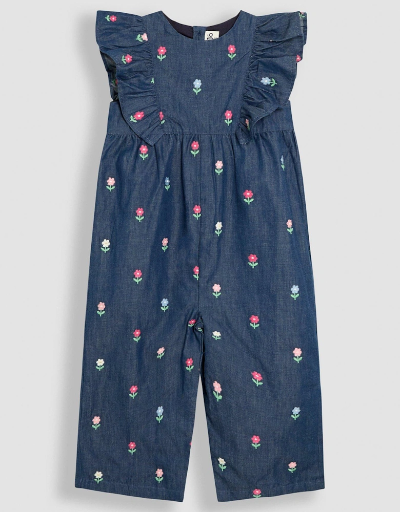 Girls Floral Embroidered Frill Shoulder Jumpsuit - Blue