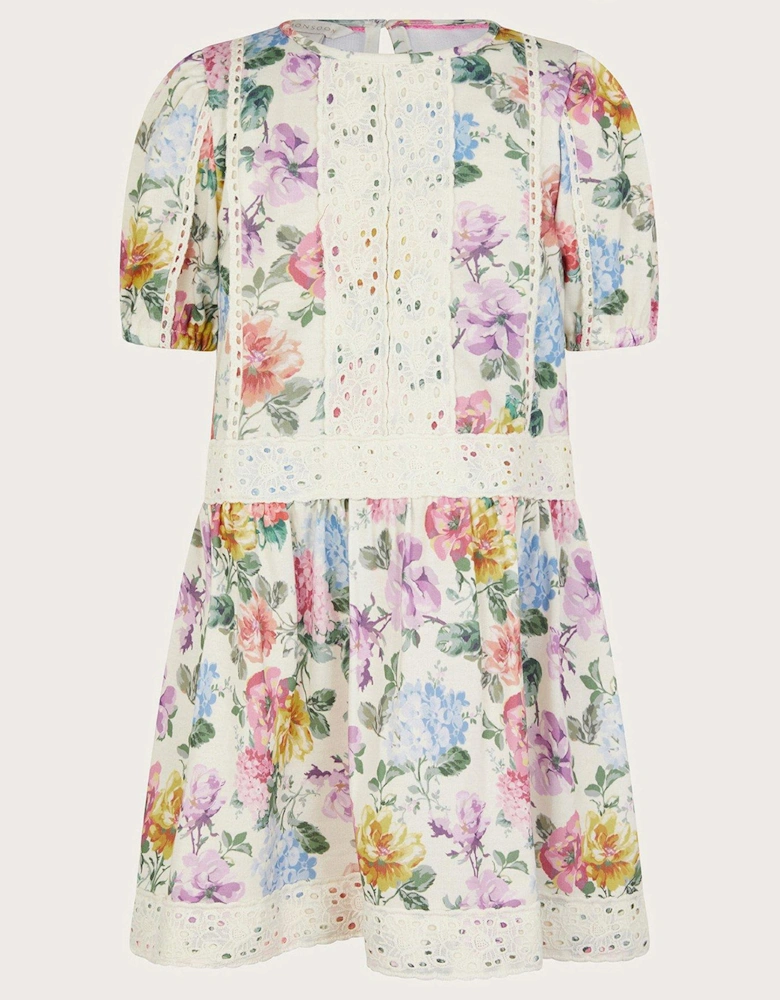 Girls Floral Broderie Short Sleeve Dress - Light Cream