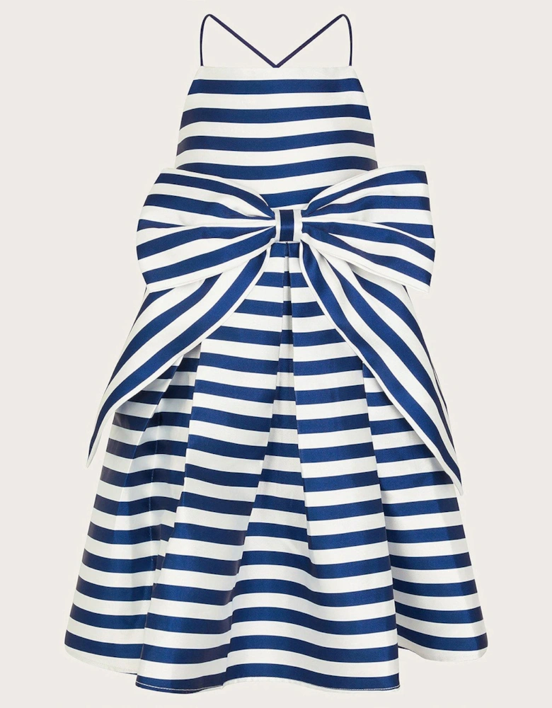 Girls Stripe Bow Strappy Twill Dress - Blue