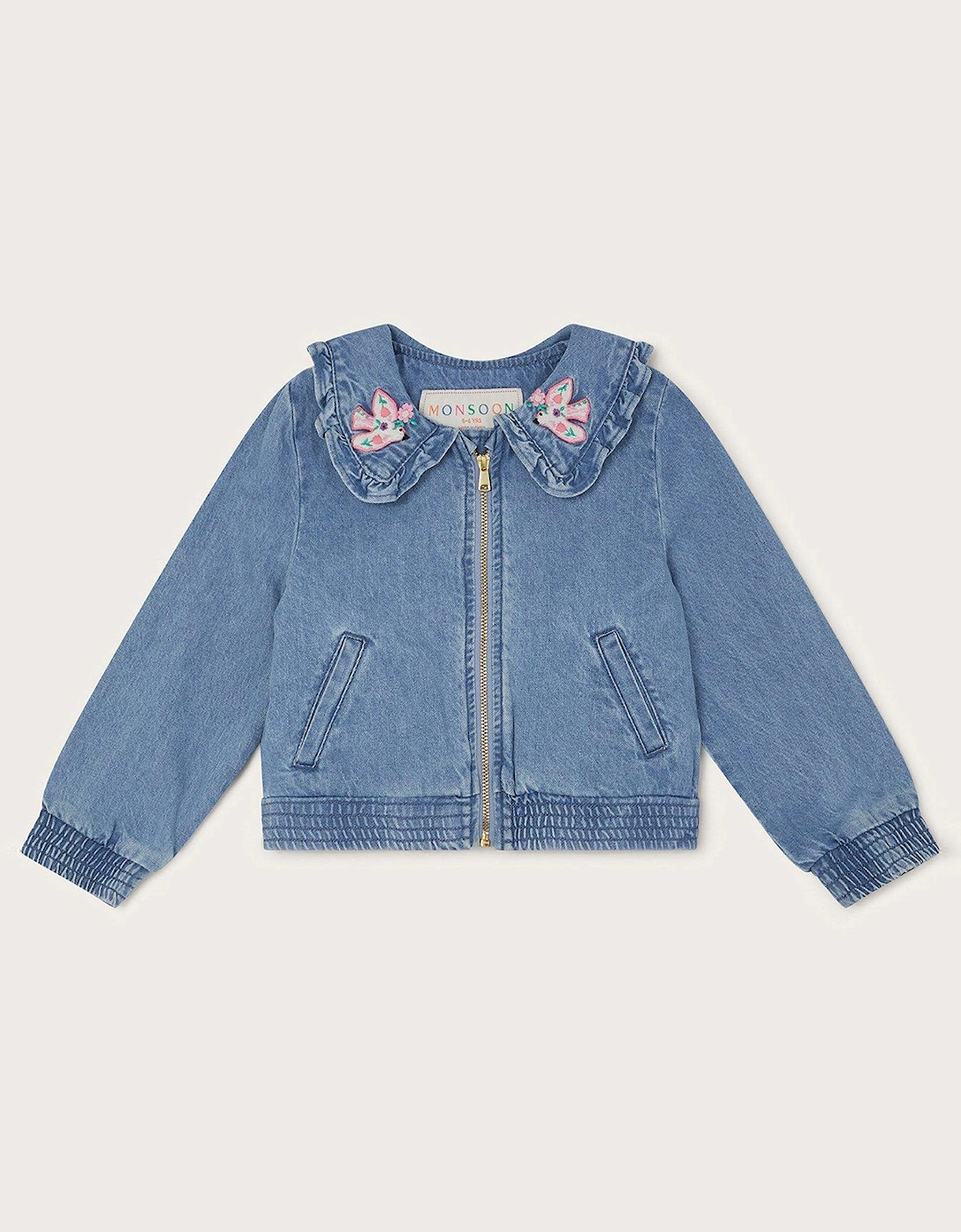 Girls Embroidered Denim Bomber Jacket - Blue, 2 of 1