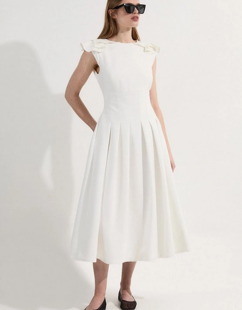 Structured Crepe Ruffle Shoulder Tailored Full Skirted Midi Dress