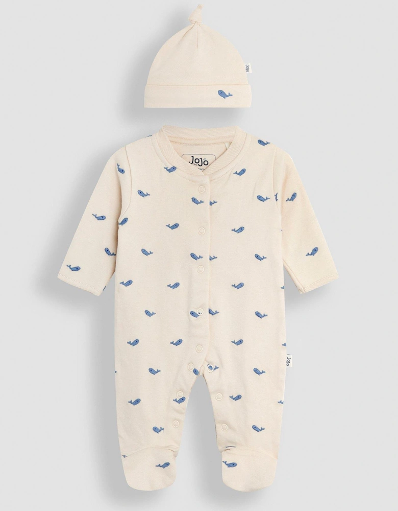 Baby Boys 2-pack Embroidered Whale Sleepsuit & Hat Set - Beige